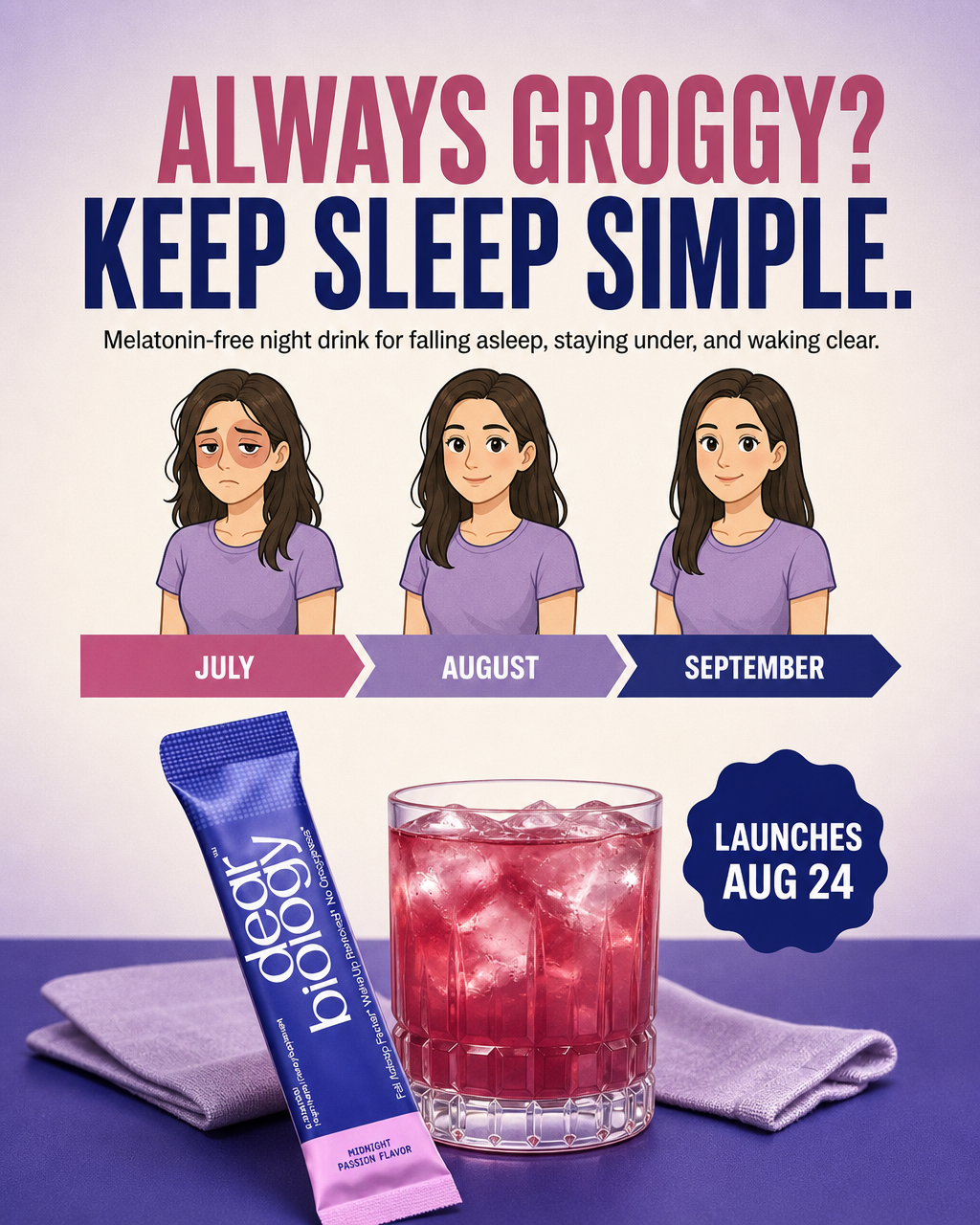 Always groggy timeline ad. July to September. Stick pack, passion drink, launches Aug 24.